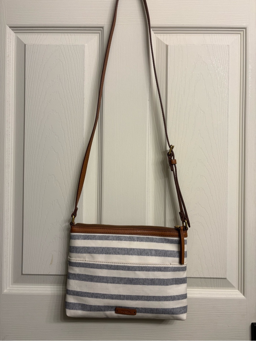 Fossil Striped Canvas Crossbody Bag with Brown Leather Trim